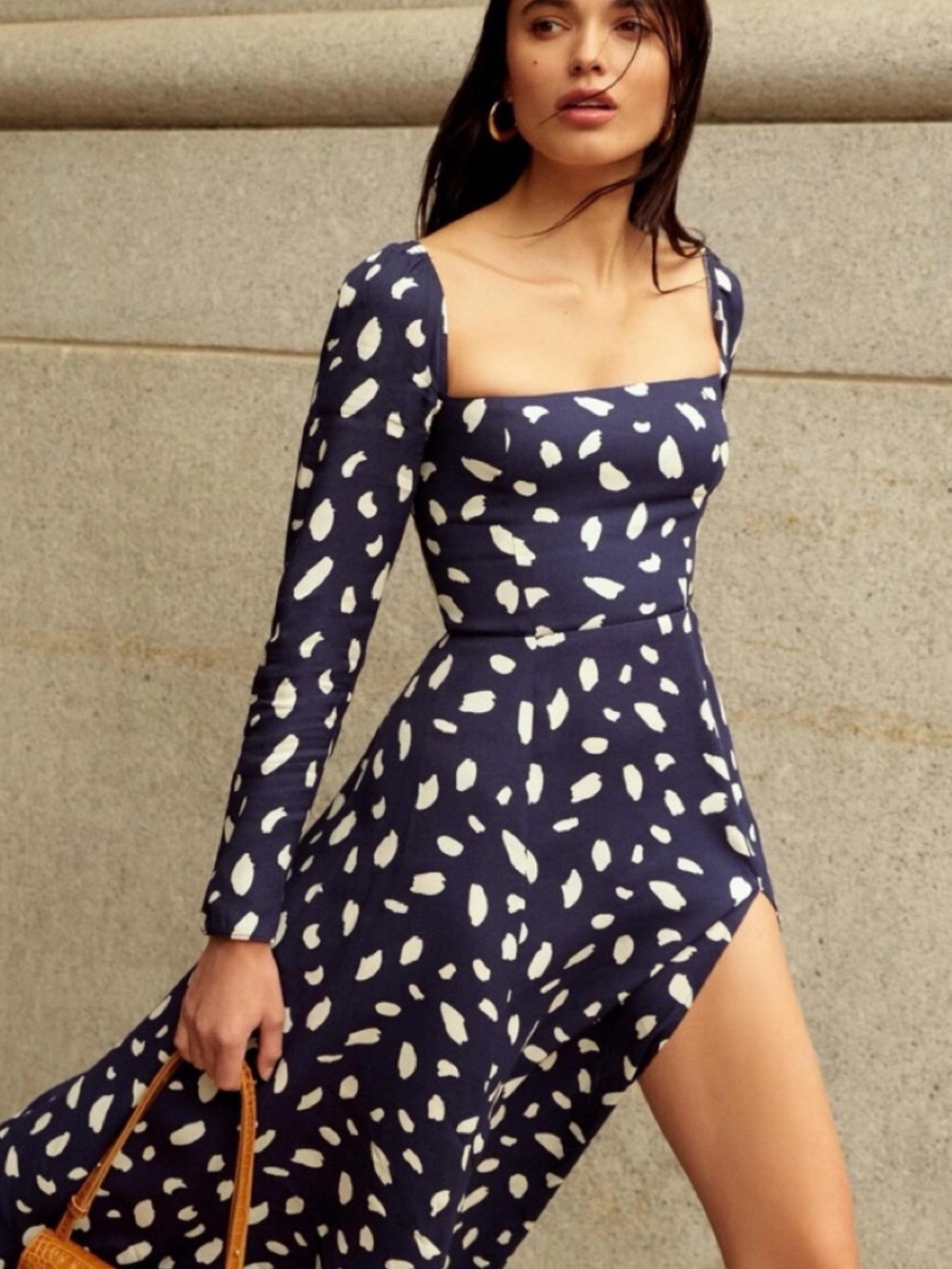 Reformation Sigmund Navy Dress with beige Abstract Spots